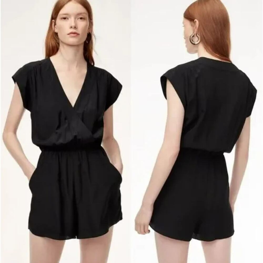 Babaton Aritzia Black Silk Corbett Romper - Size Large - V Neck